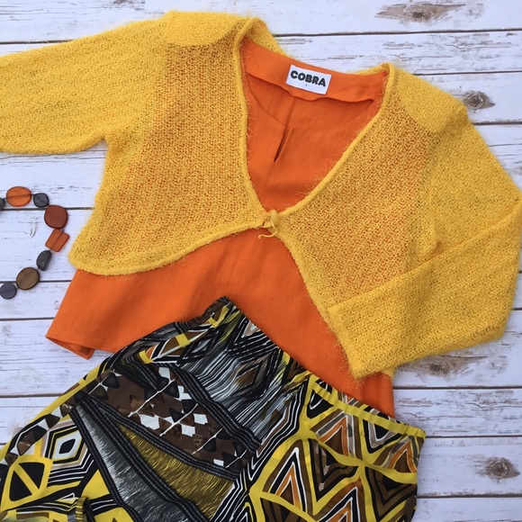 Yellow Crop Eyelash Knit Jacket 100% Feminin Made in France Lagenlook - Picture 2 of 4